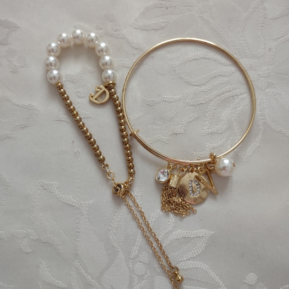 D initial crystals letter charms 2 bracelets gold tone Faux Pearls
